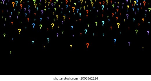 Marcas de preguntas dispersas en el fondo negro. Prueba, duda, encuesta, encuesta, faq, interrogatorio, antecedentes de consulta. Plantilla multicolor para encuesta de opinión, encuesta pública. Color arcoiris. Ilustración vectorial.