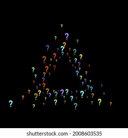 Question marks scattered on black background. Quiz, doubt, poll, survey, faq, interrogation, query background. Multicolored template for opinion poll, public poll. Rainbow color. Vector illustration.