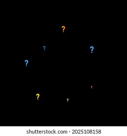 Question marks scattered on black background. Quiz, doubt, poll, survey, faq, interrogation, query background. Multicolored template for opinion poll, public poll. Rainbow color. Vector illustration.