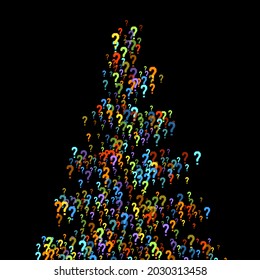 Question marks scattered on black background. Quiz, doubt, poll, survey, faq, interrogation, query background. Multicolored template for opinion poll, public poll. Rainbow color. Vector illustration.