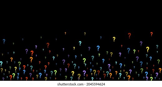 Question marks scattered on black background. Quiz, doubt, poll, survey, faq, interrogation, query background. Multicolored template for opinion poll, public poll. Rainbow color. Vector illustration.