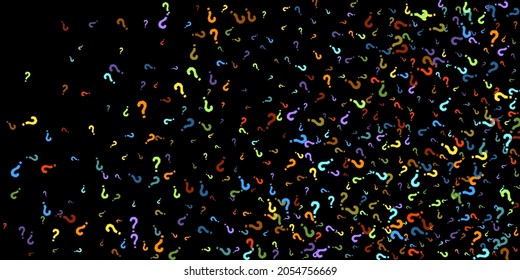 Question marks scattered on black background. Quiz, doubt, poll, survey, faq, interrogation, query background. Multicolored template for opinion poll, public poll. Rainbow color. Vector illustration.