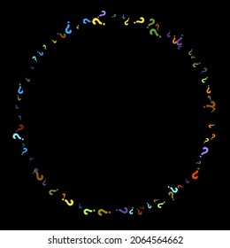 Question marks scattered on black background. Quiz, doubt, poll, survey, faq, interrogation, query background. Multicolored template for opinion poll, public poll. Rainbow color. Vector illustration.
