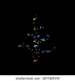 Question marks scattered on black background. Quiz, doubt, poll, survey, faq, interrogation, query background. Multicolored template for opinion poll, public poll. Rainbow color. Vector illustration.