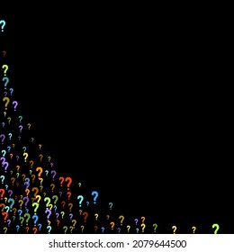 Question marks scattered on black background. Quiz, doubt, poll, survey, faq, interrogation, query background. Multicolored template for opinion poll, public poll. Rainbow color. Vector illustration.