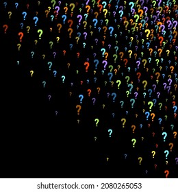 Question marks scattered on black background. Quiz, doubt, poll, survey, faq, interrogation, query background. Multicolored template for opinion poll, public poll. Rainbow color. Vector illustration.