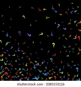 Question marks scattered on black background. Quiz, doubt, poll, survey, faq, interrogation, query background. Multicolored template for opinion poll, public poll. Rainbow color. Vector illustration.