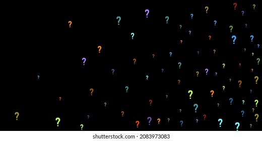 Question marks scattered on black background. Quiz, doubt, poll, survey, faq, interrogation, query background. Multicolored template for opinion poll, public poll. Rainbow color. Vector illustration.