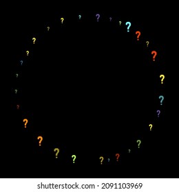 Question marks scattered on black background. Quiz, doubt, poll, survey, faq, interrogation, query background. Multicolored template for opinion poll, public poll. Rainbow color. Vector illustration.