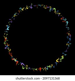 Question marks scattered on black background. Quiz, doubt, poll, survey, faq, interrogation, query background. Multicolored template for opinion poll, public poll. Rainbow color. Vector illustration.