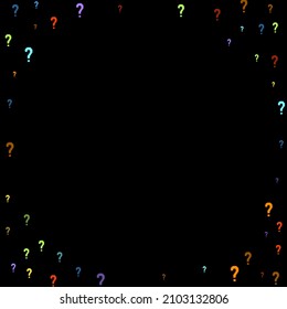Question marks scattered on black background. Quiz, doubt, poll, survey, faq, interrogation, query background. Multicolored template for opinion poll, public poll. Rainbow color. Vector illustration.
