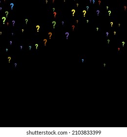 Marcas de preguntas dispersas en el fondo negro. Prueba, duda, encuesta, encuesta, faq, interrogatorio, antecedentes de consulta. Plantilla multicolor para encuesta de opinión, encuesta pública. Color arcoiris. Ilustración vectorial.