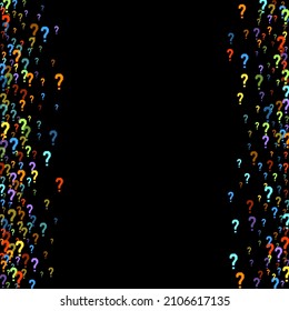 Question marks scattered on black background. Quiz, doubt, poll, survey, faq, interrogation, query background. Multicolored template for opinion poll, public poll. Rainbow color. Vector illustration.