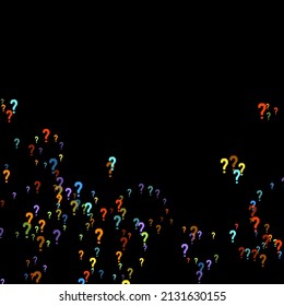 Marcas de preguntas dispersas en el fondo negro. Prueba, duda, encuesta, encuesta, faq, interrogatorio, antecedentes de consulta. Plantilla multicolor para encuesta de opinión, encuesta pública. Color arcoiris. Ilustración vectorial.