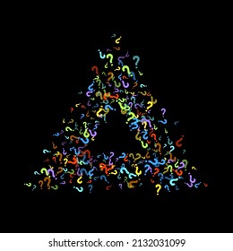 Question marks scattered on black background. Quiz, doubt, poll, survey, faq, interrogation, query background. Multicolored template for opinion poll, public poll. Rainbow color. Vector illustration.