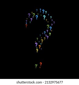 Marcas de preguntas dispersas en el fondo negro. Prueba, duda, encuesta, encuesta, faq, interrogatorio, antecedentes de consulta. Plantilla multicolor para encuesta de opinión, encuesta pública. Color arcoiris. Ilustración vectorial.