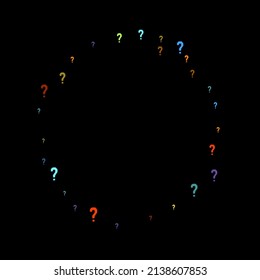 Question marks scattered on black background. Quiz, doubt, poll, survey, faq, interrogation, query background. Multicolored template for opinion poll, public poll. Rainbow color. Vector illustration.