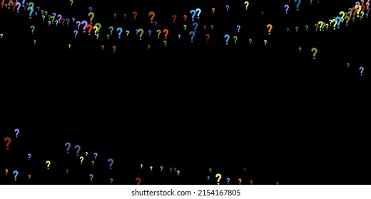 Fragezeichen verstreut auf schwarzem Hintergrund. Quiz, Zweifel, Umfrage, Umfrage, FAQ, Abfrage, Hintergrund. mehrfarbige Vorlage für Meinungsumfragen, öffentliche Umfrage. Regenbogenfarbe. Vektorgrafik.