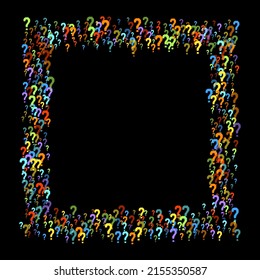 Question marks scattered on black background. Quiz, doubt, poll, survey, faq, interrogation, query background. Multicolored template for opinion poll, public poll. Rainbow color. Vector illustration.