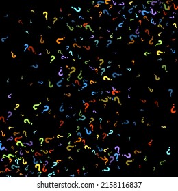 Question marks scattered on black background. Quiz, doubt, poll, survey, faq, interrogation, query background. Multicolored template for opinion poll, public poll. Rainbow color. Vector illustration.