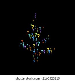 Question marks scattered on black background. Quiz, doubt, poll, survey, faq, interrogation, query background. Multicolored template for opinion poll, public poll. Rainbow color. Vector illustration.