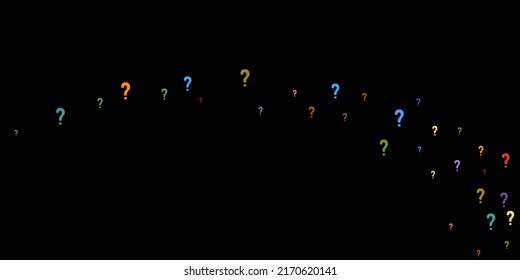 Fragezeichen verstreut auf schwarzem Hintergrund. Quiz, Zweifel, Umfrage, Umfrage, FAQ, Abfrage, Hintergrund. mehrfarbige Vorlage für Meinungsumfragen, öffentliche Umfrage. Regenbogenfarbe. Vektorgrafik.