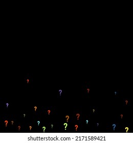 Question marks scattered on black background. Quiz, doubt, poll, survey, faq, interrogation, query background. Multicolored template for opinion poll, public poll. Rainbow color. Vector illustration.