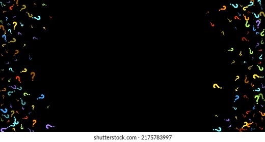 Question marks scattered on black background. Quiz, doubt, poll, survey, faq, interrogation, query background. Multicolored template for opinion poll, public poll. Rainbow color. Vector illustration.