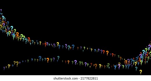 Question marks scattered on black background. Quiz, doubt, poll, survey, faq, interrogation, query background. Multicolored template for opinion poll, public poll. Rainbow color. Vector illustration.