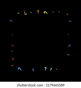 Question marks scattered on black background. Quiz, doubt, poll, survey, faq, interrogation, query background. Multicolored template for opinion poll, public poll. Rainbow color. Vector illustration.