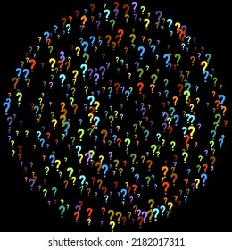 Question marks scattered on black background. Quiz, doubt, poll, survey, faq, interrogation, query background. Multicolored template for opinion poll, public poll. Rainbow color. Vector illustration.