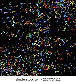 Question marks scattered on black background. Quiz, doubt, poll, survey, faq, interrogation, query background. Multicolored template for opinion poll, public poll. Rainbow color. Vector illustration.