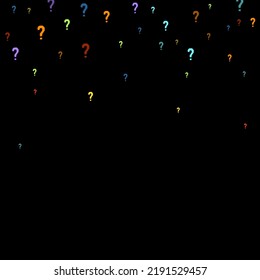 Question marks scattered on black background. Quiz, doubt, poll, survey, faq, interrogation, query background. Multicolored template for opinion poll, public poll. Rainbow color. Vector illustration.
