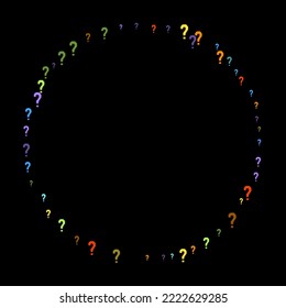 Question marks scattered on black background. Quiz, doubt, poll, survey, faq, interrogation, query background. Multicolored template for opinion poll, public poll. Rainbow color. Vector illustration.