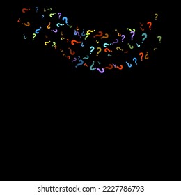 Question marks scattered on black background. Quiz, doubt, poll, survey, faq, interrogation, query background. Multicolored template for opinion poll, public poll. Rainbow color. Vector illustration.