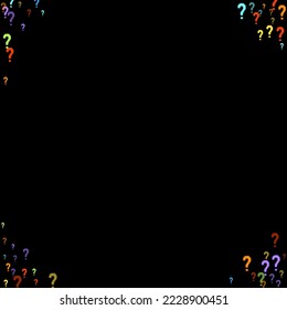 Question marks scattered on black background. Quiz, doubt, poll, survey, faq, interrogation, query background. Multicolored template for opinion poll, public poll. Rainbow color. Vector illustration.