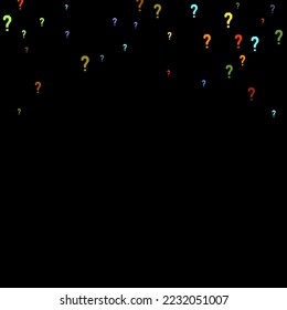 Question marks scattered on black background. Quiz, doubt, poll, survey, faq, interrogation, query background. Multicolored template for opinion poll, public poll. Rainbow color. Vector illustration.