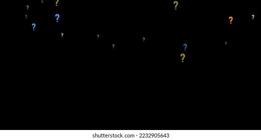 Question marks scattered on black background. Quiz, doubt, poll, survey, faq, interrogation, query background. Multicolored template for opinion poll, public poll. Rainbow color. Vector illustration.