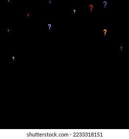 Question marks scattered on black background. Quiz, doubt, poll, survey, faq, interrogation, query background. Multicolored template for opinion poll, public poll. Rainbow color. Vector illustration.