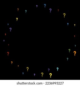 Marcas de preguntas dispersas en el fondo negro. Prueba, duda, encuesta, encuesta, faq, interrogatorio, antecedentes de consulta. Plantilla multicolor para encuesta de opinión, encuesta pública. Color arcoiris. Ilustración vectorial.
