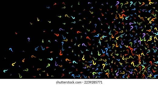 Marcas de preguntas dispersas en el fondo negro. Prueba, duda, encuesta, encuesta, faq, interrogatorio, antecedentes de consulta. Plantilla multicolor para encuesta de opinión, encuesta pública. Color arcoiris. Ilustración vectorial.