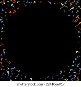 Question marks scattered on black background. Quiz, doubt, poll, survey, faq, interrogation, query background. Multicolored template for opinion poll, public poll. Rainbow color. Vector illustration.