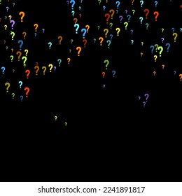 Marcas de preguntas dispersas en el fondo negro. Prueba, duda, encuesta, encuesta, faq, interrogatorio, antecedentes de consulta. Plantilla multicolor para encuesta de opinión, encuesta pública. Color arcoiris. Ilustración vectorial.