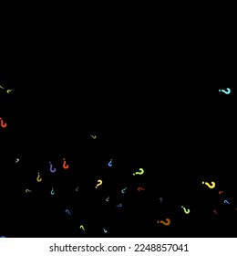 Question marks scattered on black background. Quiz, doubt, poll, survey, faq, interrogation, query background. Multicolored template for opinion poll, public poll. Rainbow color. Vector illustration.