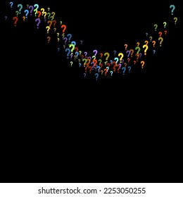 Question marks scattered on black background. Quiz, doubt, poll, survey, faq, interrogation, query background. Multicolored template for opinion poll, public poll. Rainbow color. Vector illustration.