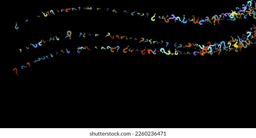 Question marks scattered on black background. Quiz, doubt, poll, survey, faq, interrogation, query background. Multicolored template for opinion poll, public poll. Rainbow color. Vector illustration.