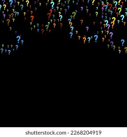 Question marks scattered on black background. Quiz, doubt, poll, survey, faq, interrogation, query background. Multicolored template for opinion poll, public poll. Rainbow color. Vector illustration.