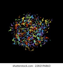 Question marks scattered on black background. Quiz, doubt, poll, survey, faq, interrogation, query background. Multicolored template for opinion poll, public poll. Rainbow color. Vector illustration.