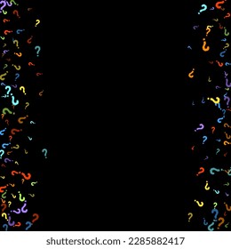 Question marks scattered on black background. Quiz, doubt, poll, survey, faq, interrogation, query background. Multicolored template for opinion poll, public poll. Rainbow color. Vector illustration.