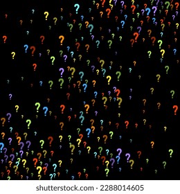 Question marks scattered on black background. Quiz, doubt, poll, survey, faq, interrogation, query background. Multicolored template for opinion poll, public poll. Rainbow color. Vector illustration.